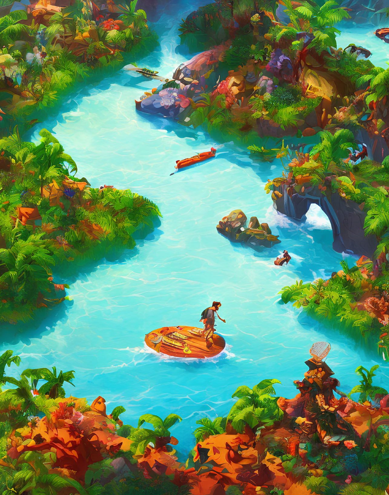 Tropical river scene with rafts, lush vegetation, and waterfalls