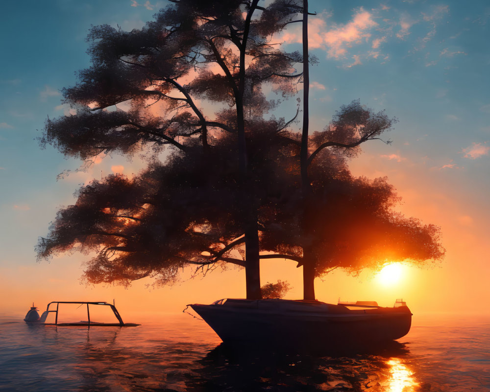 Tranquil waters with large tree on boat at sunset