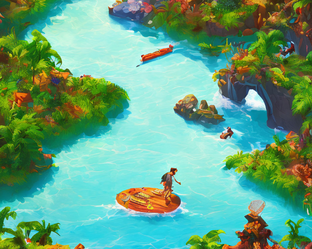 Tropical river scene with rafts, lush vegetation, and waterfalls