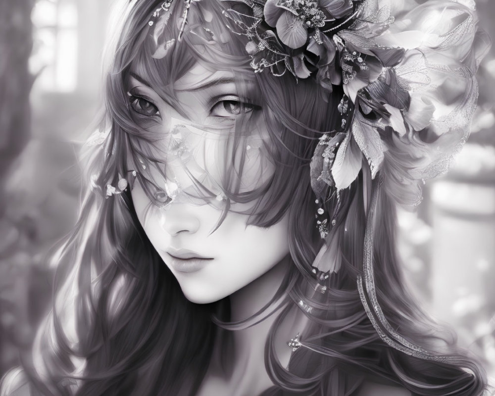 Detailed monochrome illustration of a woman with floral hair adornments