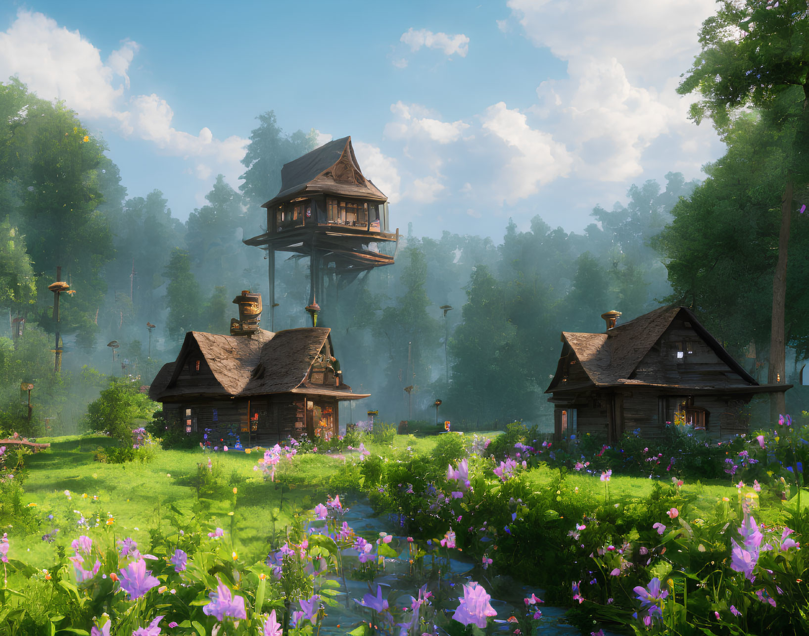 Serene fantasy village with wooden houses, tower, and lush surroundings