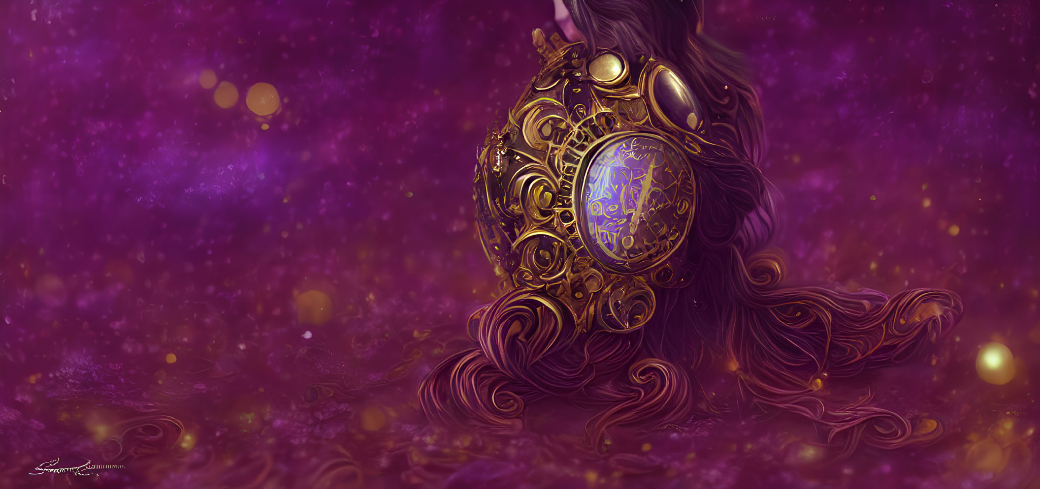 Intricate golden egg in mystical purple atmosphere