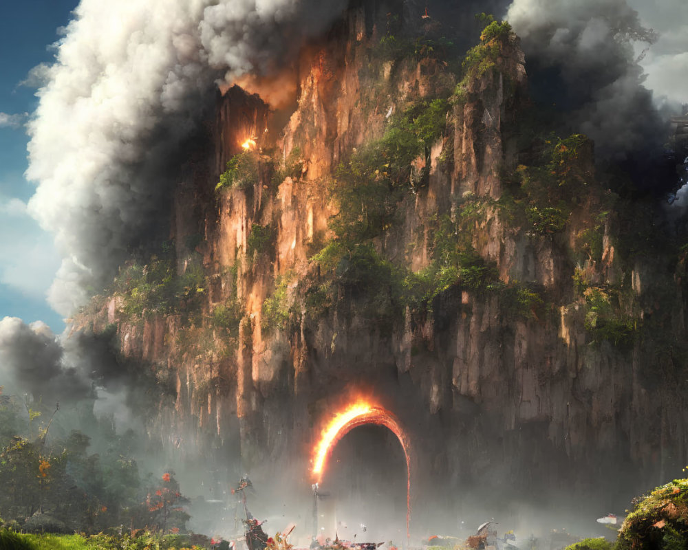 Towering Cliff with Greenery, Glowing Gateway, and Summit Smoke