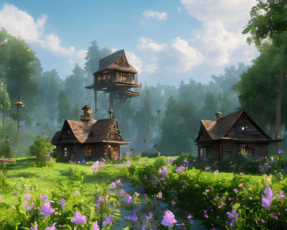 Serene fantasy village with wooden houses, tower, and lush surroundings