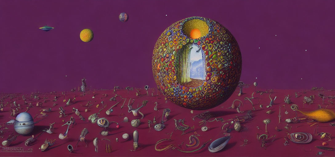 Surrealist landscape with mosaic egg structure and whimsical creatures