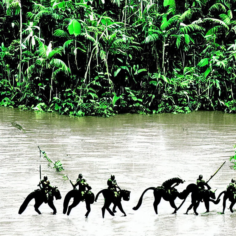 Silhouetted figures crossing river with sticks and creature in lush jungle.