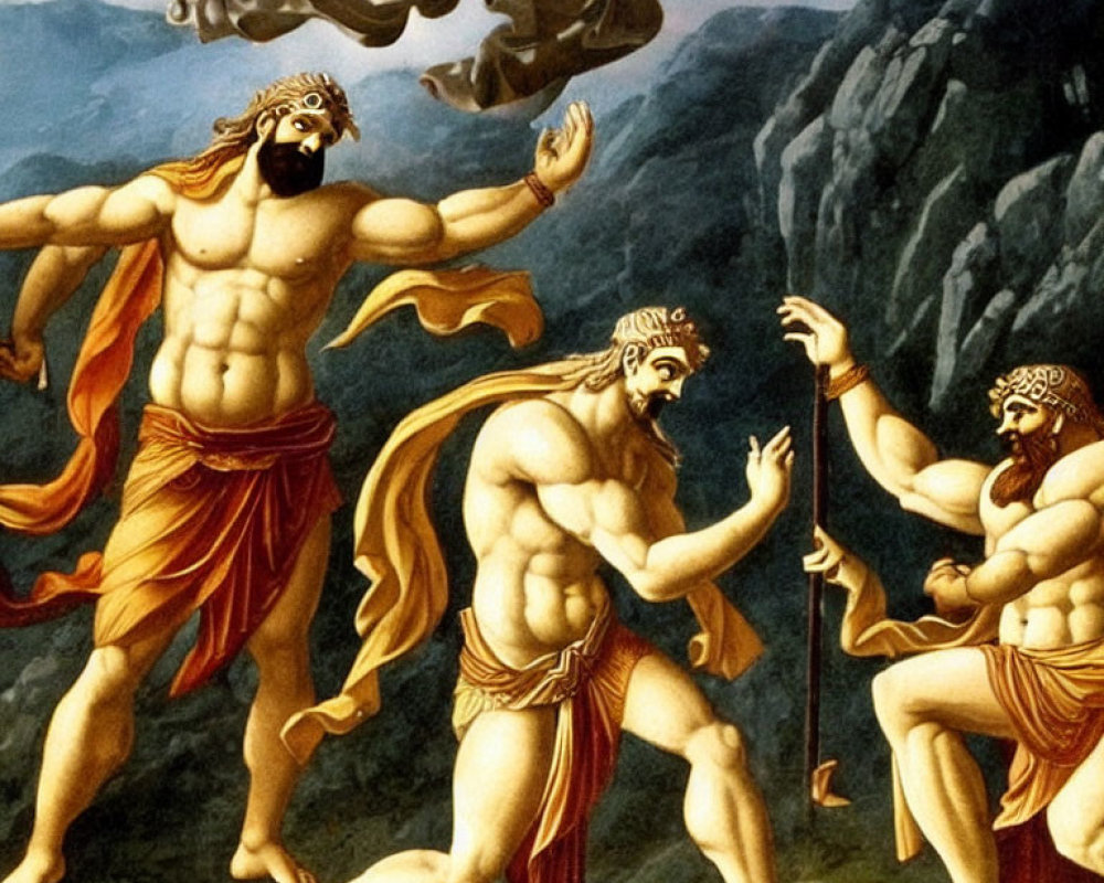 Muscular men in classical attire, one in anguish reaching towards figures in clouds, while the other consoles