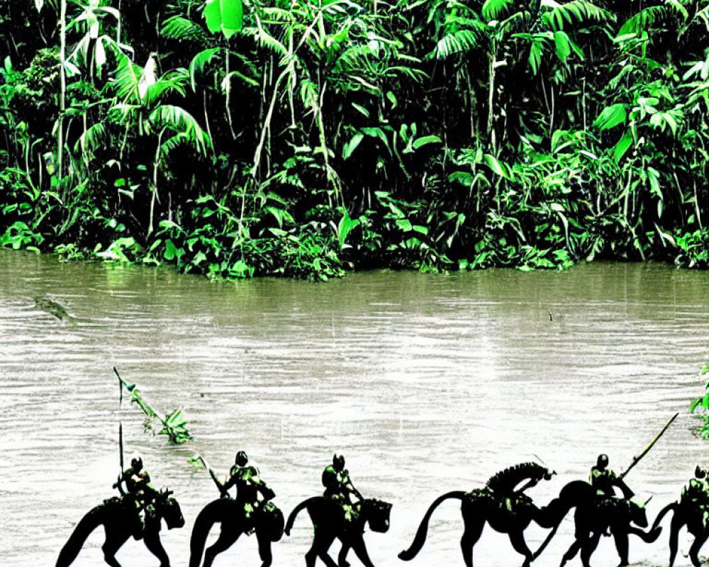 Silhouetted figures crossing river with sticks and creature in lush jungle.