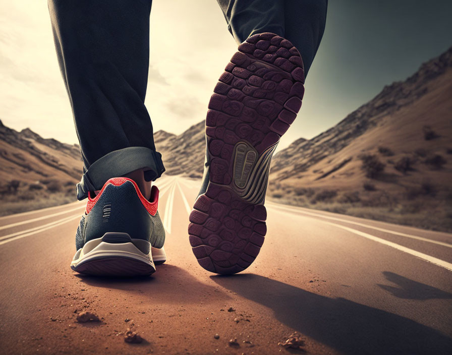 Person walking on empty road with sneakers against desert landscape