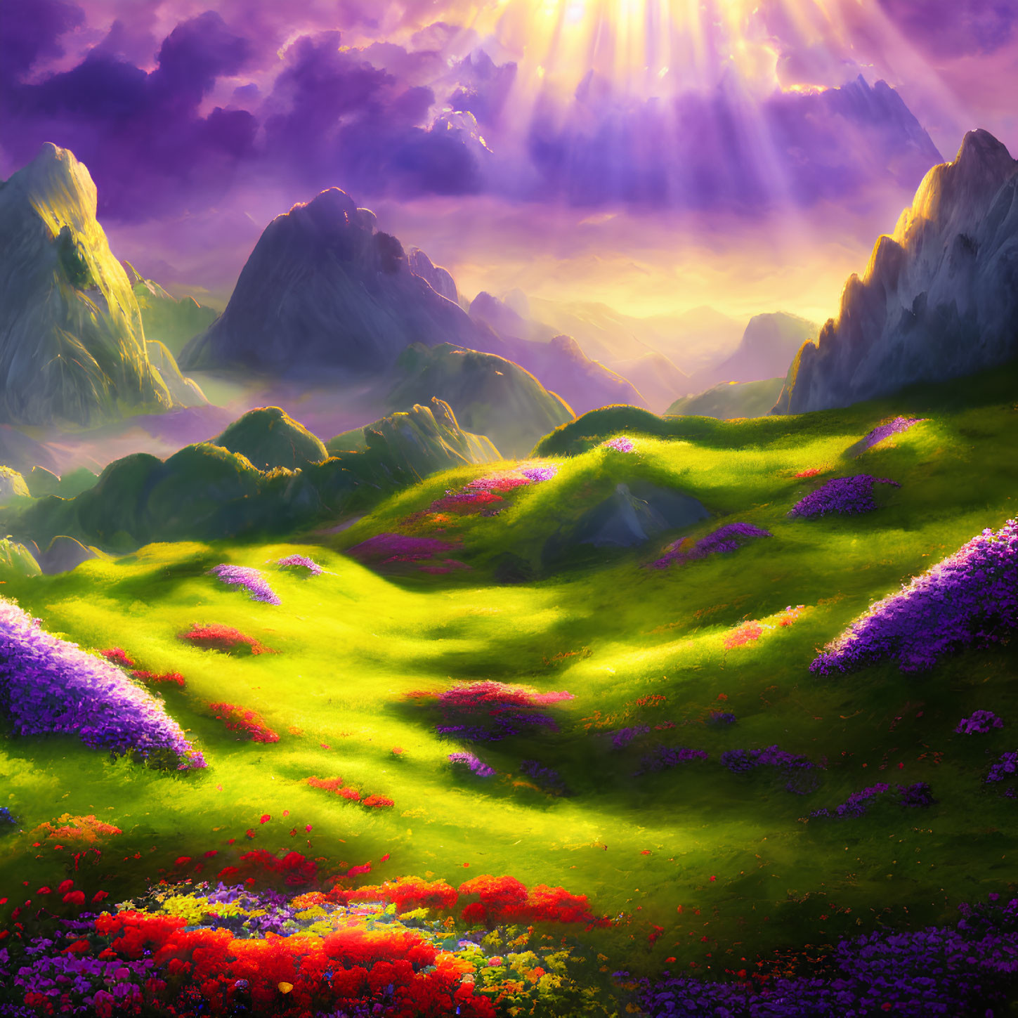 Colorful Fantasy Landscape with Sunbeams and Mountains