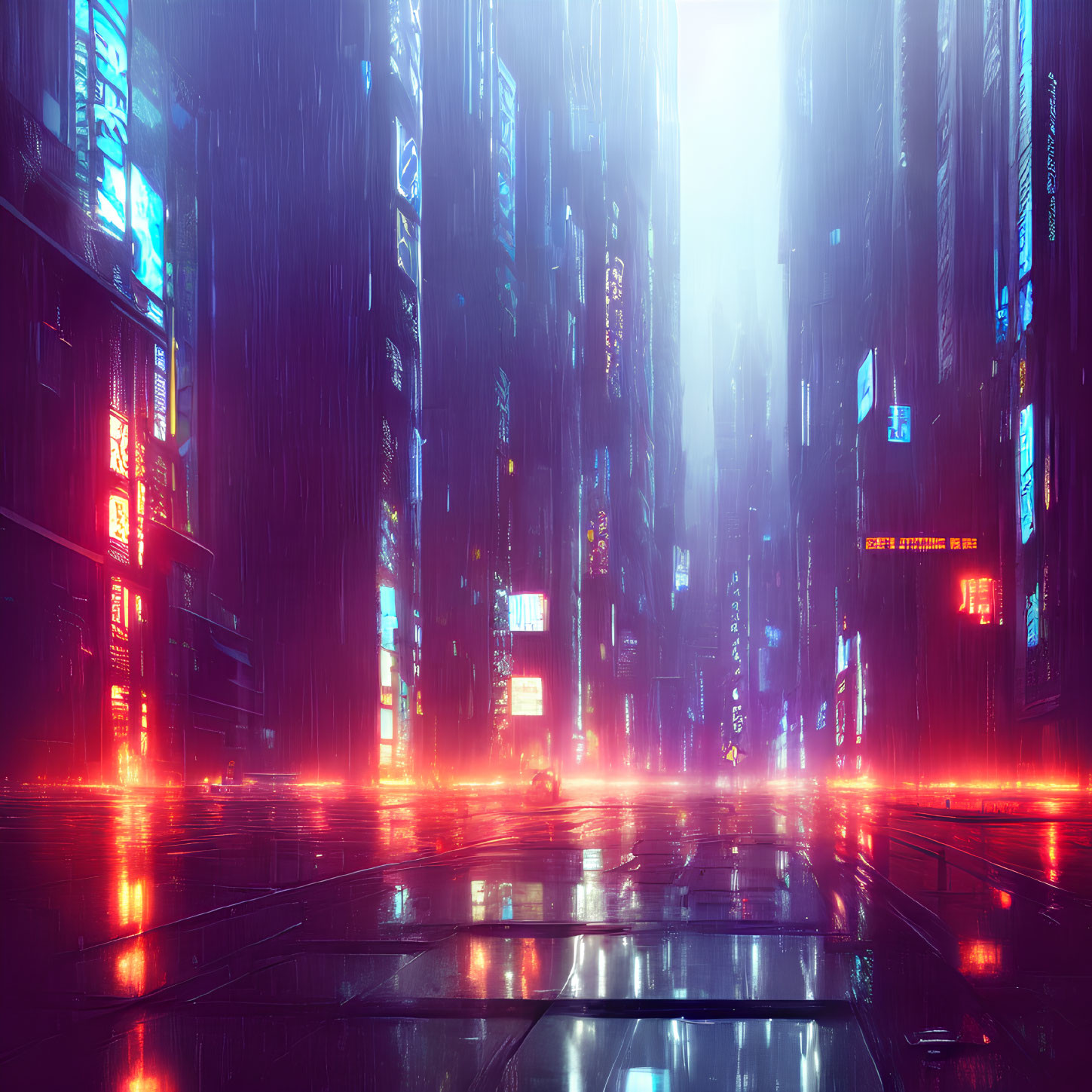 Neon-lit futuristic city street in a rain-drenched ambiance