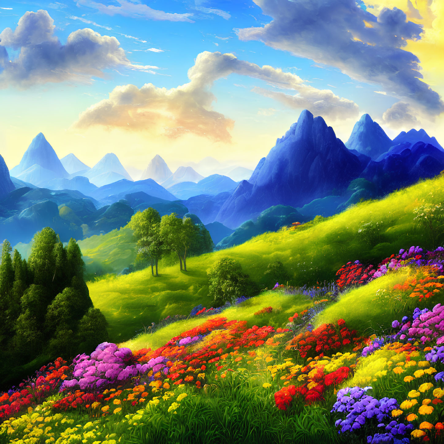 Colorful Wildflowers Cover Rolling Hills and Misty Mountains under Blue Sky