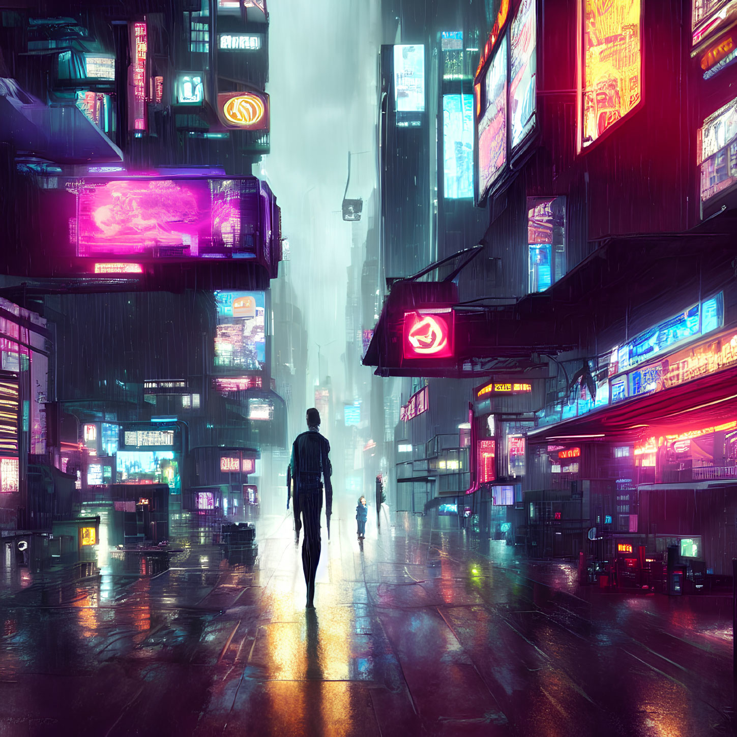 Futuristic neon-lit city street with rain reflections