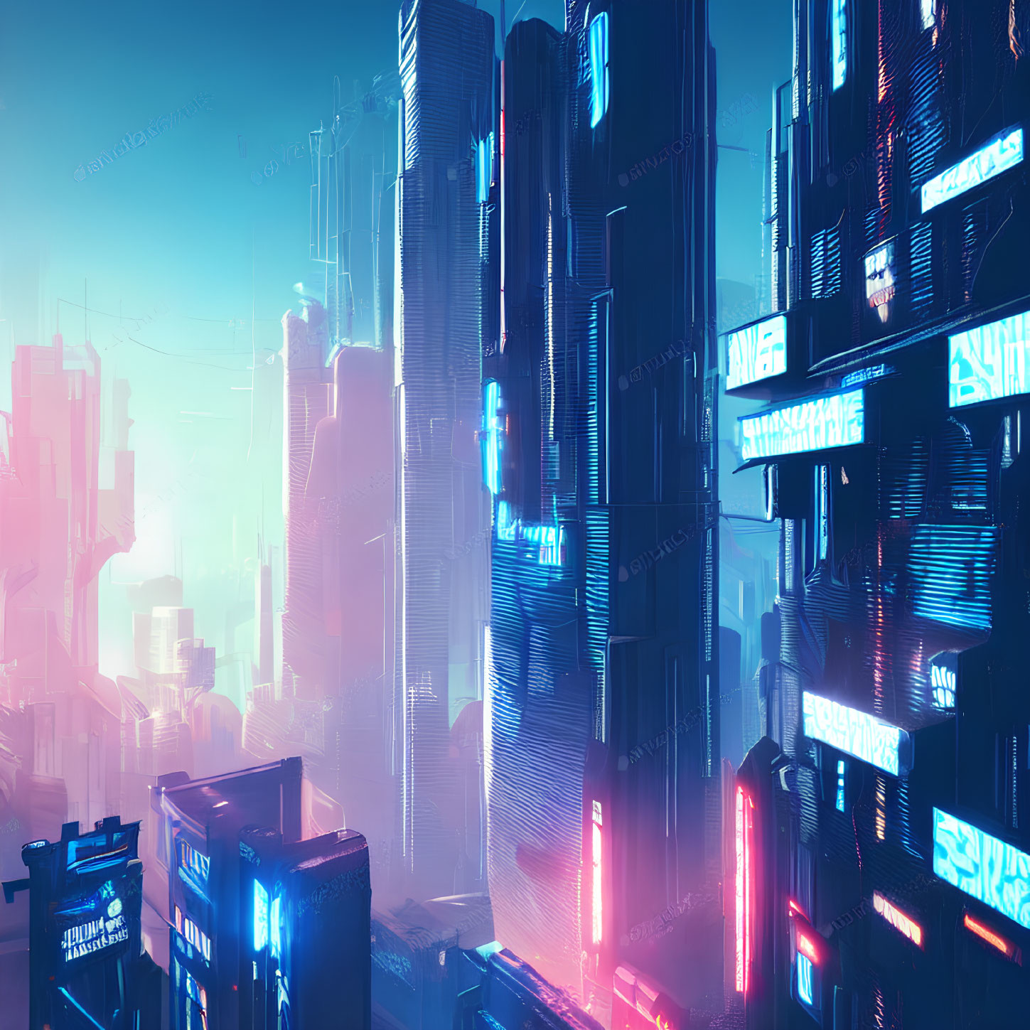 Neon-lit skyscrapers in futuristic cyberpunk cityscape