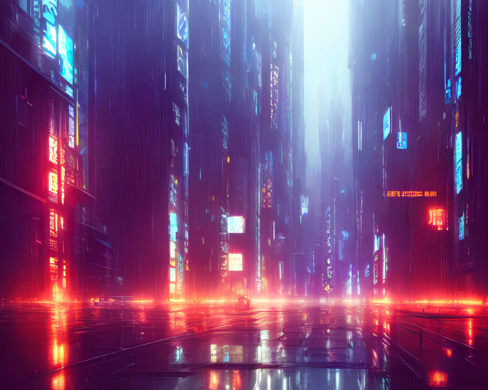 Neon-lit futuristic city street in a rain-drenched ambiance