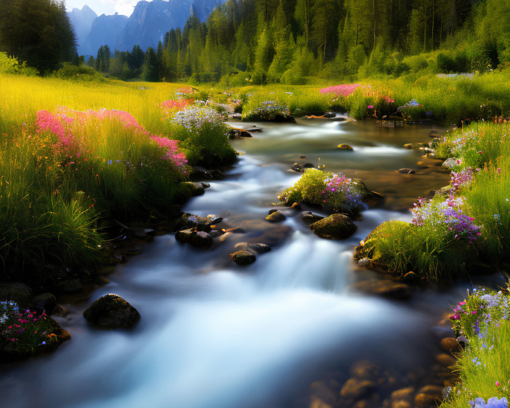 Tranquil stream in vibrant meadow with pink wildflowers