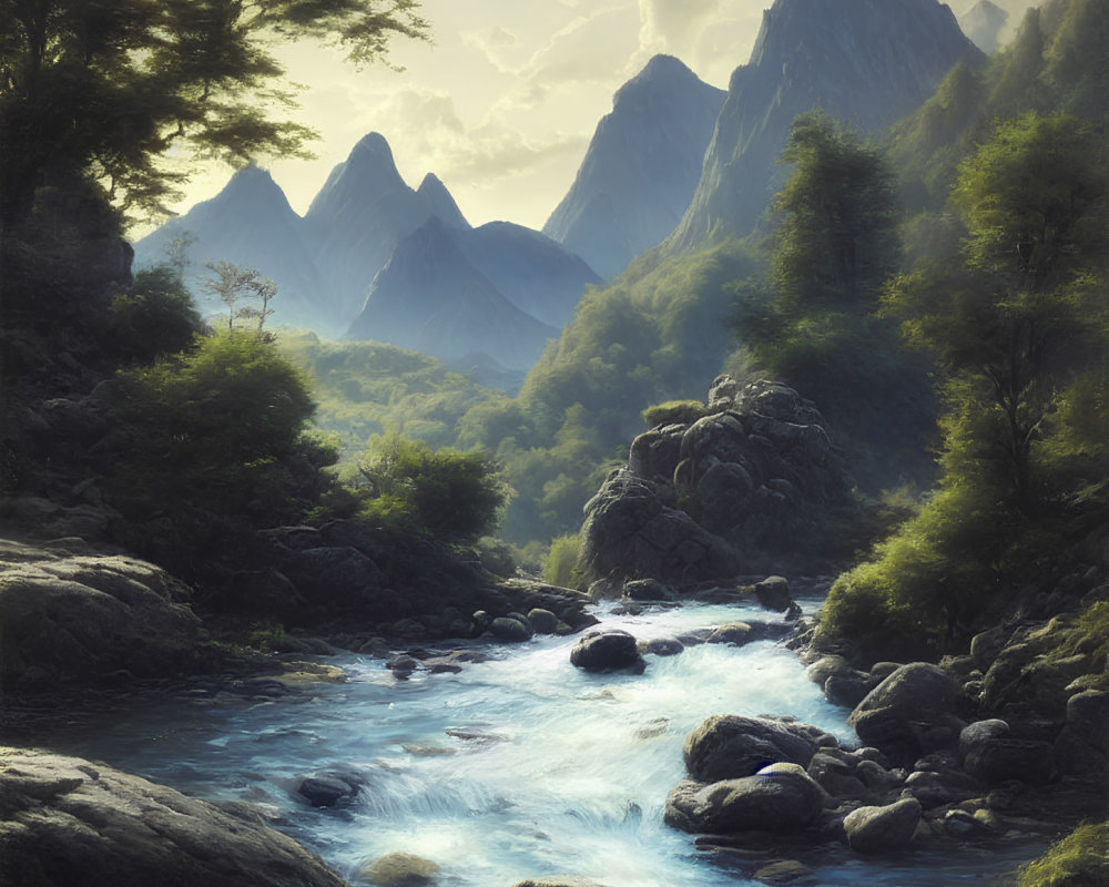 Tranquil landscape with river, greenery, and mountains at dawn