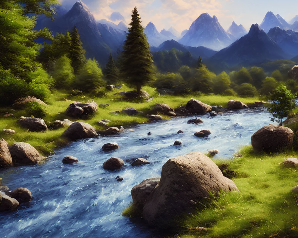Tranquil mountain landscape with stream, rocks, greenery, and peaks