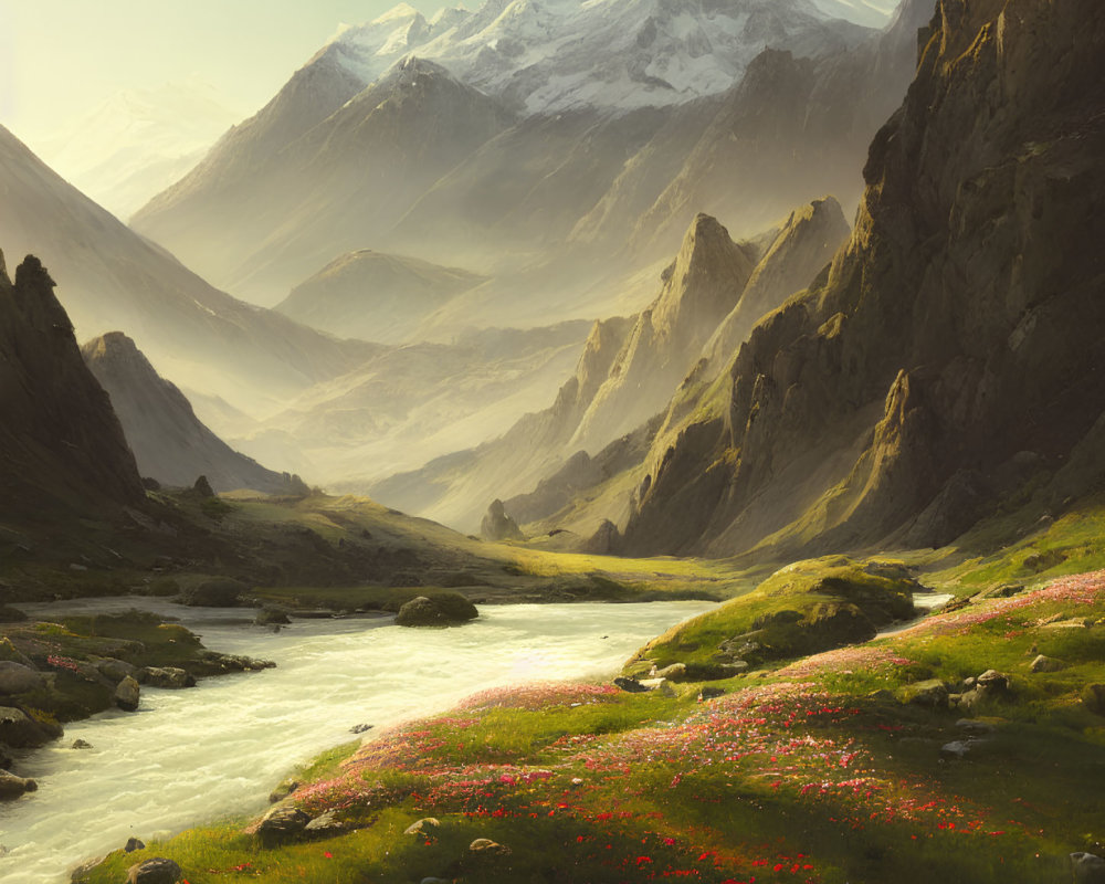Mountainous landscape with river, peaks, and blooming meadow