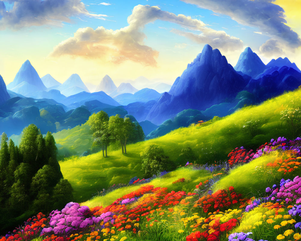 Colorful Wildflowers Cover Rolling Hills and Misty Mountains under Blue Sky
