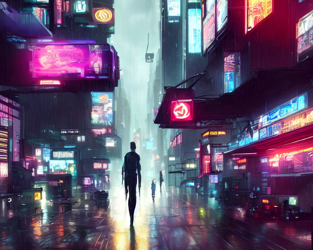 Futuristic neon-lit city street with rain reflections