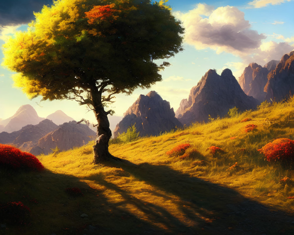 Solitary tree with lush foliage on sunlit hill with red flowers and mountain backdrop