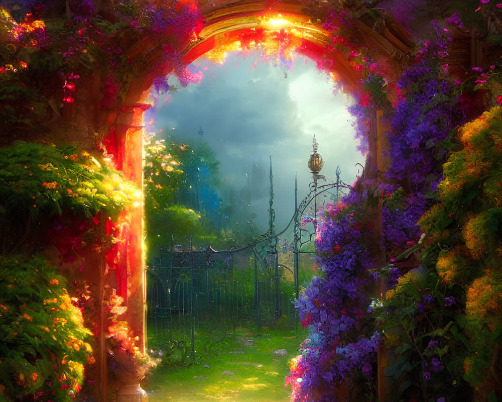 Stone archway covered in purple and pink flowers with golden-lit path and wrought iron gate
