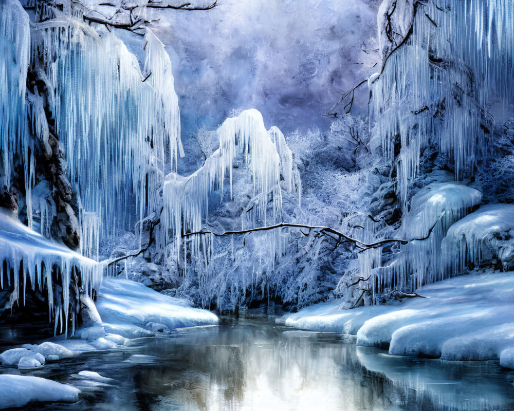 Frozen Waterfalls, Snow-Covered Trees, and Icicles in Winter Landscape