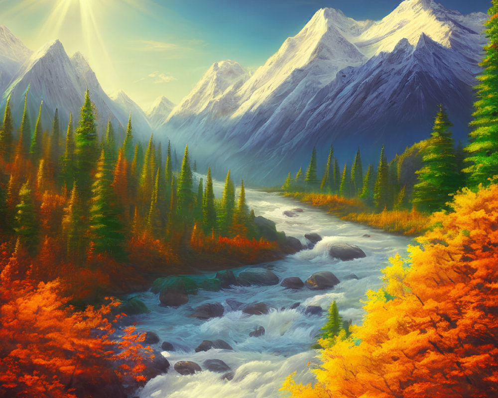 Scenic autumn landscape with river, forests, and mountains