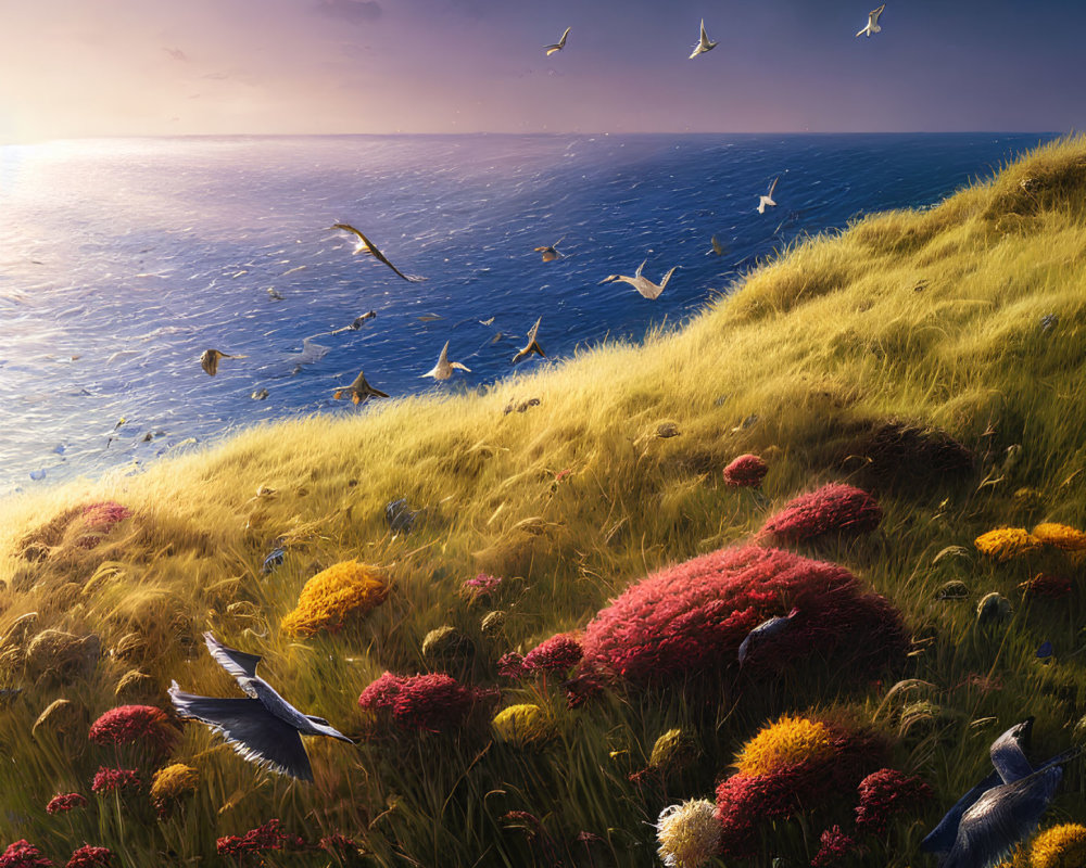 Tranquil seascape with seagulls, wildflowers, and sunset sky