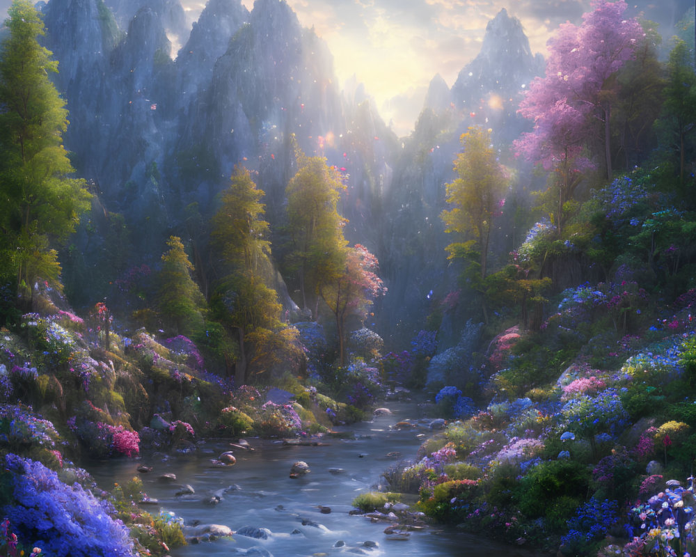 Serene landscape with river, rocky peaks, sunrise, mist, and blooming flora