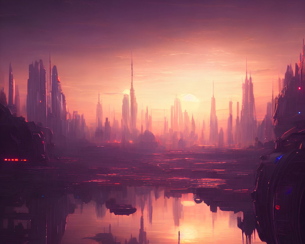 Futuristic cityscape with towering spires at sunset