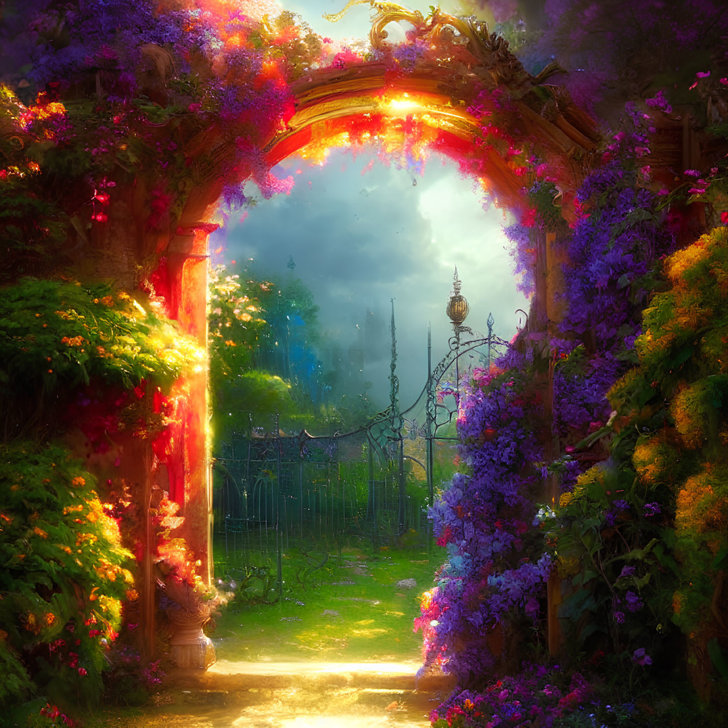 Stone archway covered in purple and pink flowers with golden-lit path and wrought iron gate