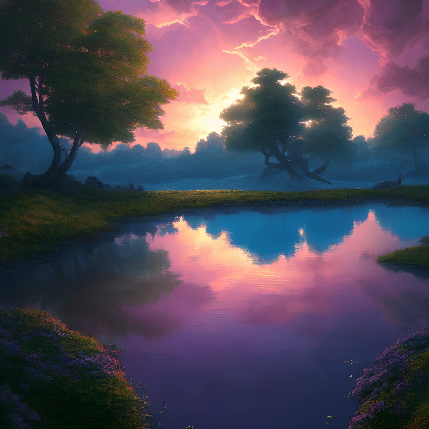 Tranquil Sunrise Landscape with Pink Clouds and Pond