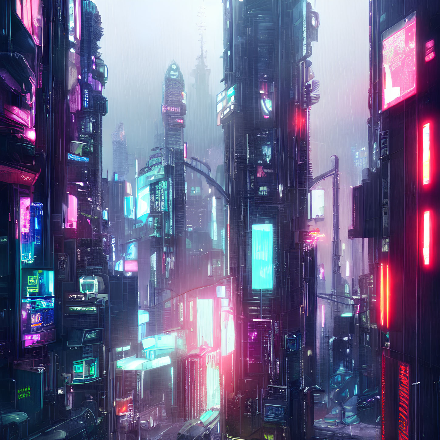 Futuristic cityscape with towering skyscrapers and neon signs at twilight