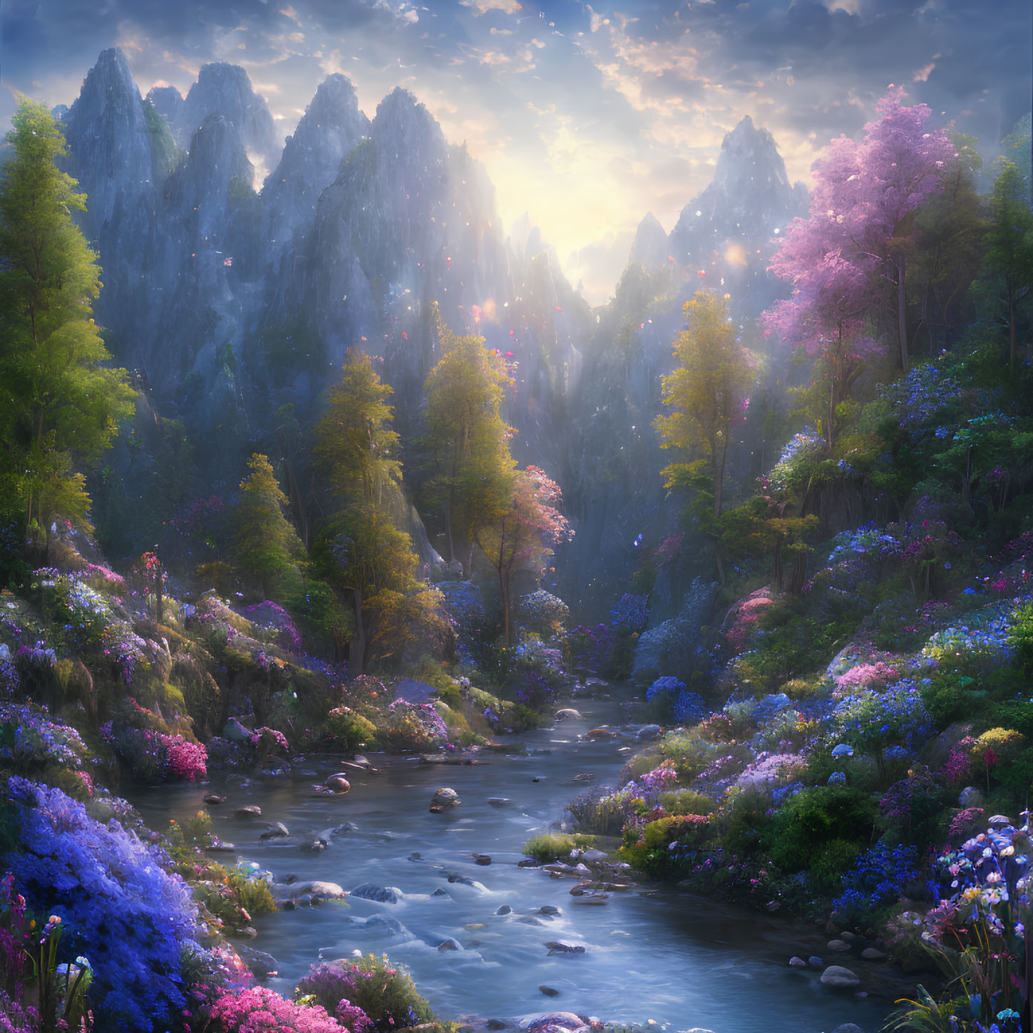 Serene landscape with river, rocky peaks, sunrise, mist, and blooming flora