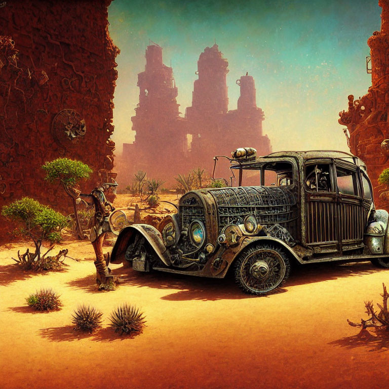Rusty vintage car in post-apocalyptic desert with person in gas mask