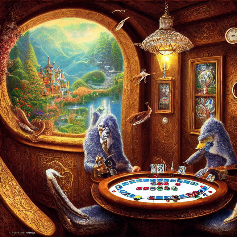 Anthropomorphic gorillas in suits playing board game in ornate room with fantasy castle view.