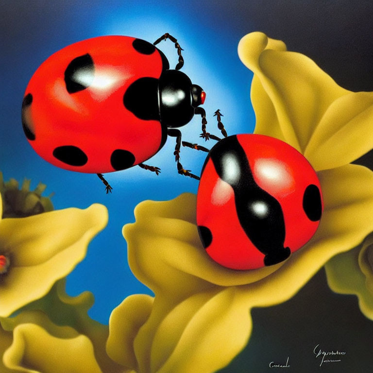 Realistic ladybugs on yellow flower petals with blurred blue background