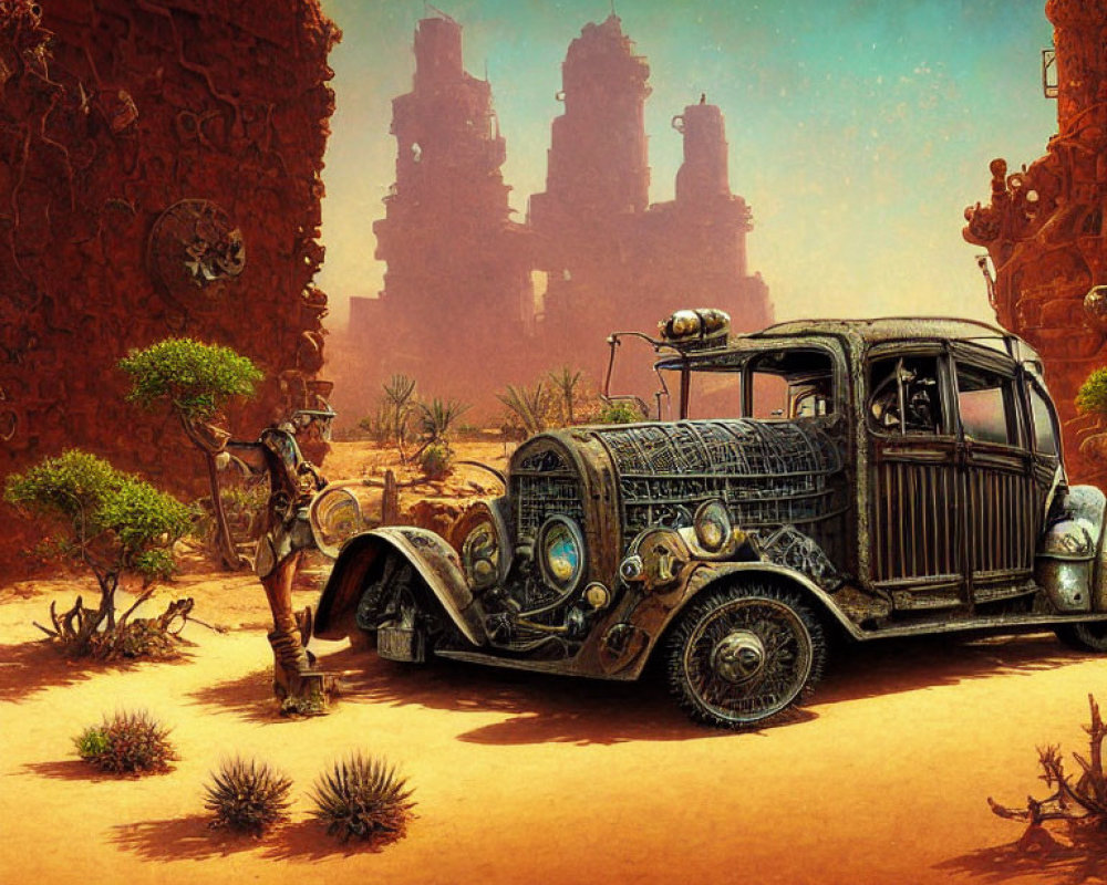 Rusty vintage car in post-apocalyptic desert with person in gas mask