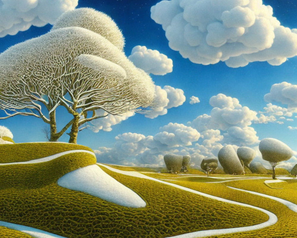 Surreal landscape with white trees, green hills, and pathways