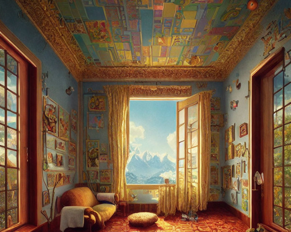 Colorful room with ornate ceiling, mountain view, sunlit curtains, books, and cozy seating