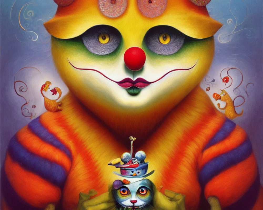 Whimsical painting of colorful cat-like creatures with quirky features