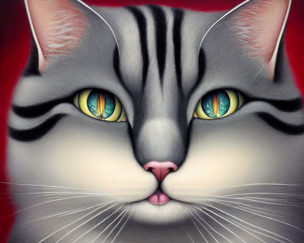 Realistic Gray Tabby Cat Painting with Green Eyes and Stripes