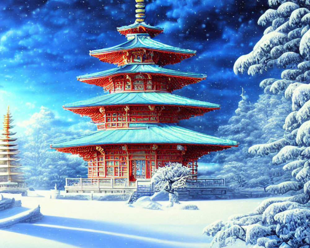 Snow-covered Japanese pagoda in twilight sky with frosty trees