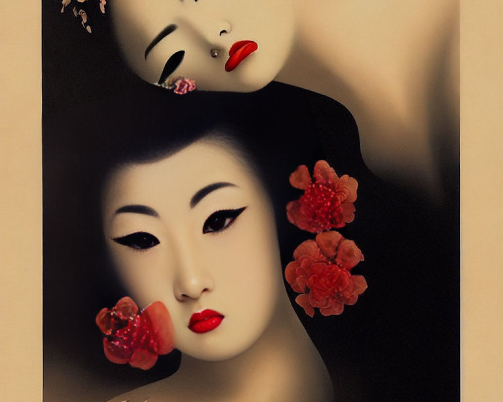 Stylized image of two women with geisha-like makeup and floral adornments