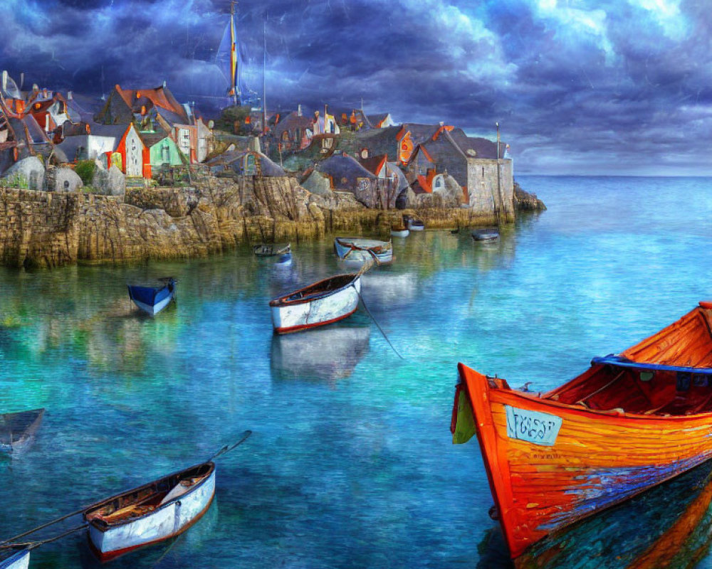 Colorful houses and boats in seaside village under dramatic sky