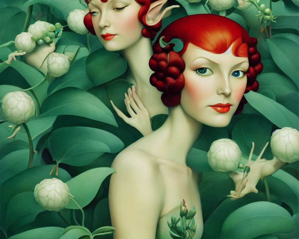 Illustration of red-haired twin females blending with green leaves and white flowers