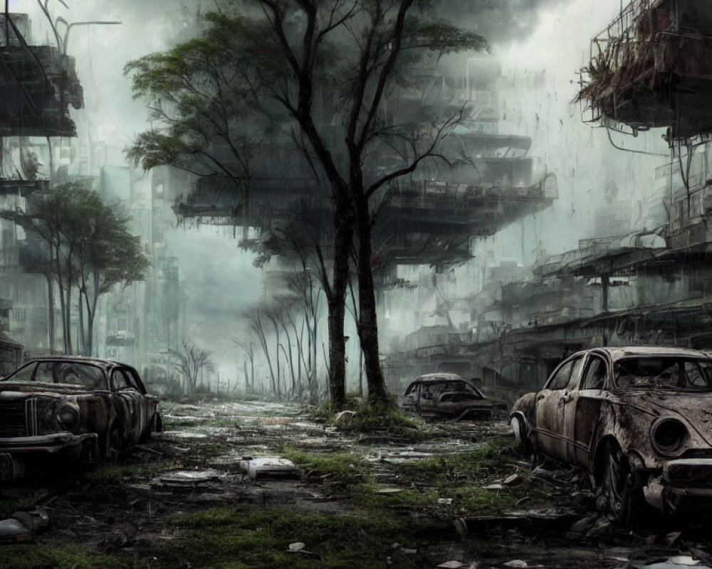 Desolate urban landscape with derelict cars, overgrown vegetation, and dilapidated buildings.