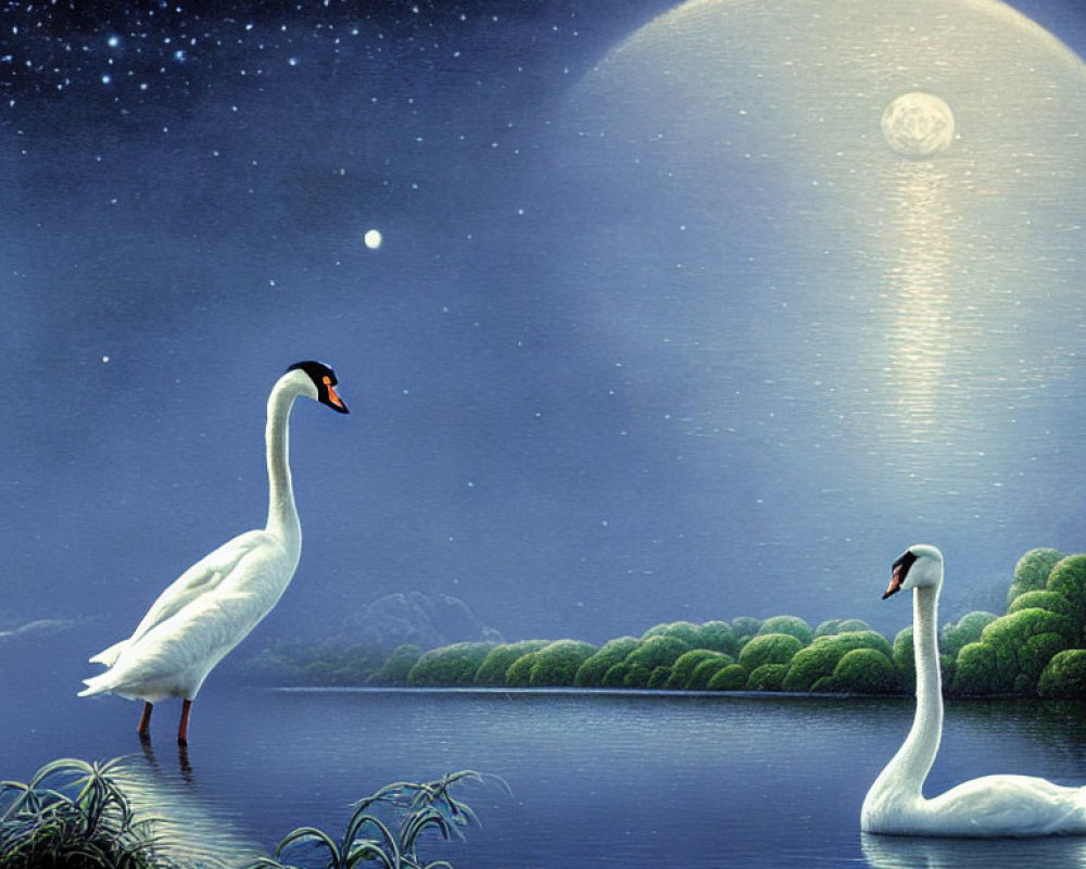 Swans at Night: Full Moon Reflecting on Calm Lake